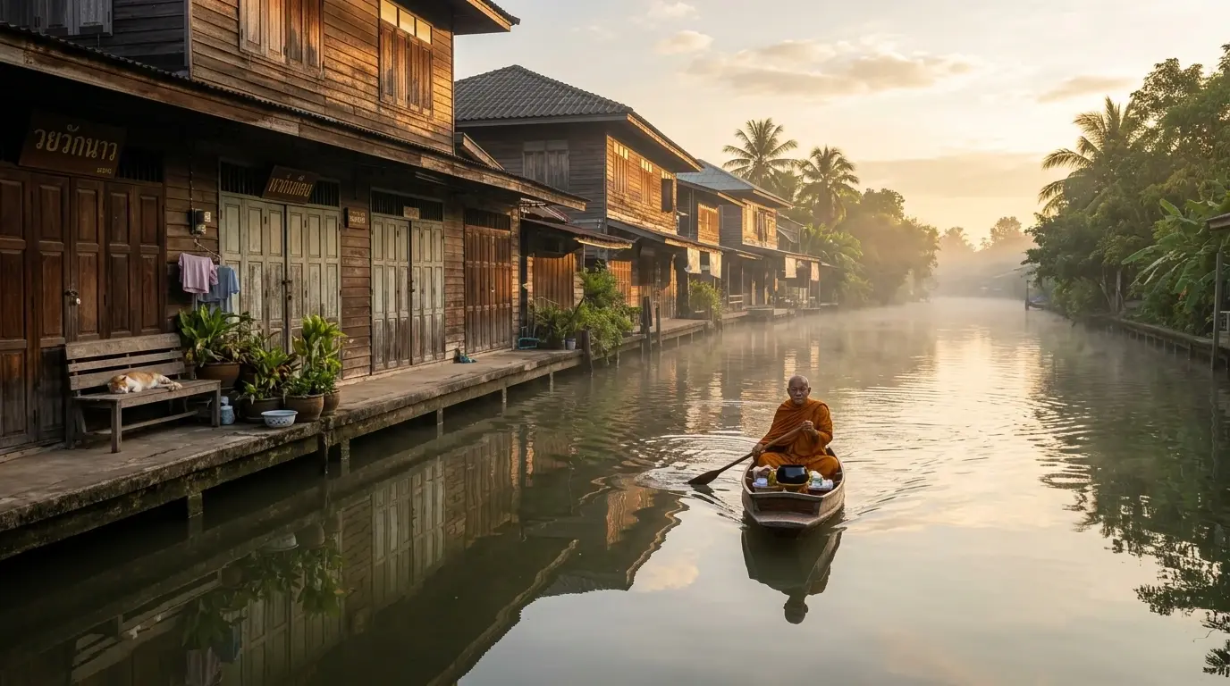 Canal-Side Wooden Shophouses at Dawn in Amphawa, Samut Songkhram, Thailand