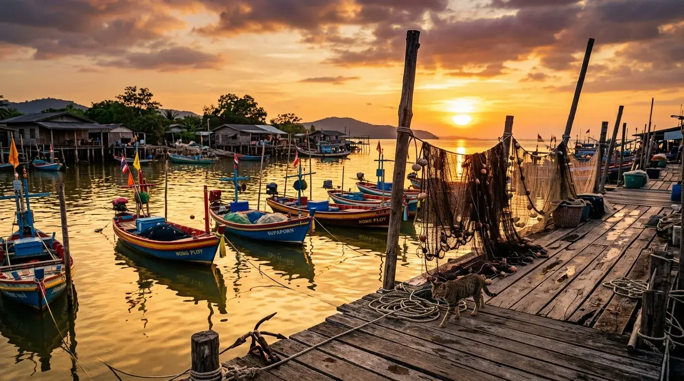 Quiet Fishing Village at Sunset in Ban Phe, Rayong, Thailand