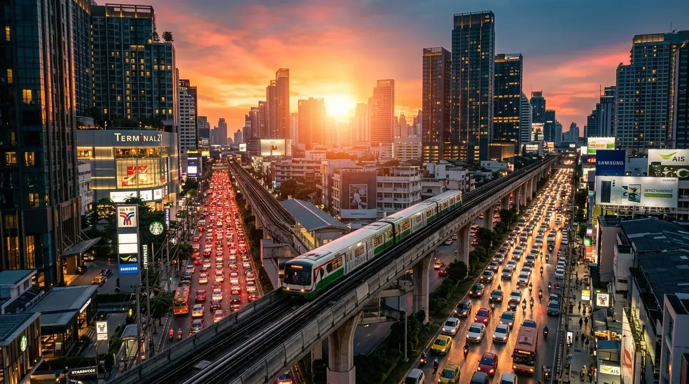 Skytrain Over the City at Dusk in Bangkok, Bangkok, Thailand