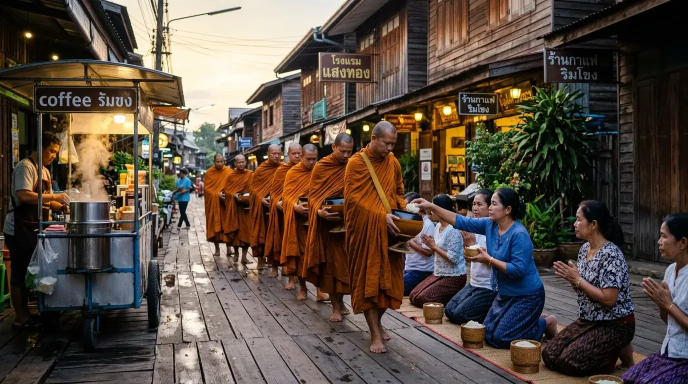 Morning Alms Giving Ceremony in Chiang Khan, Loei, Thailand