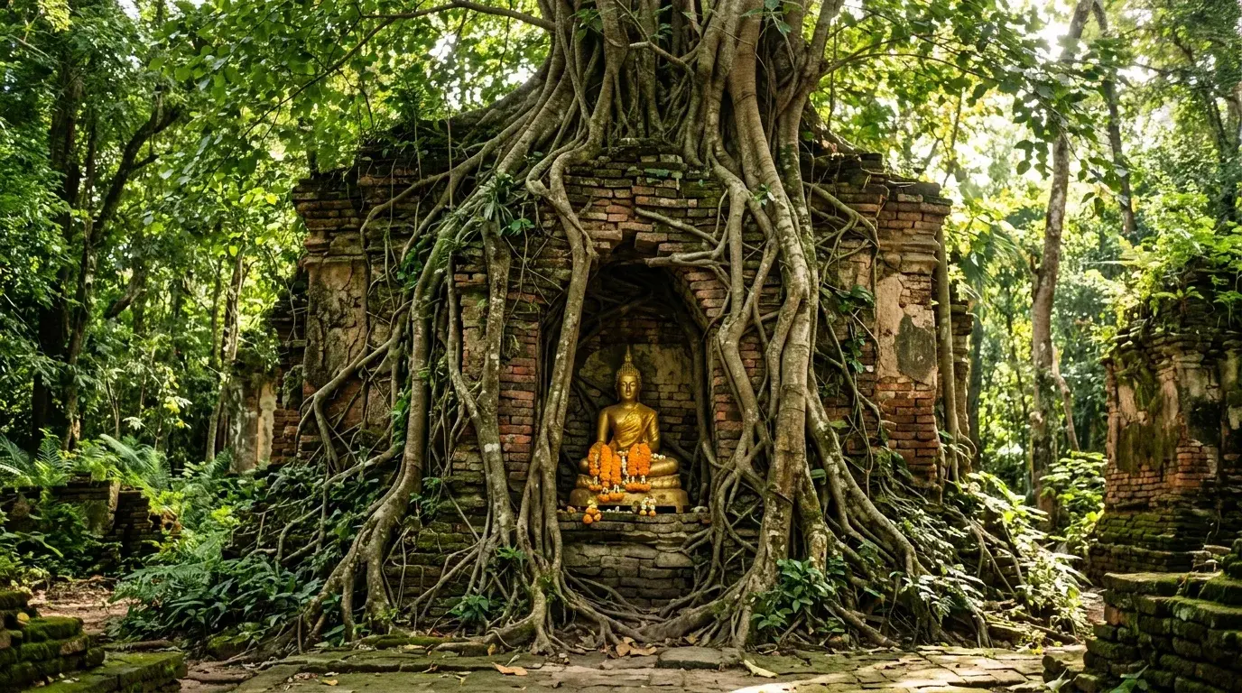 Temple Ruins with Bodhi Tree in Chiang Saen, Chiang Rai, Thailand