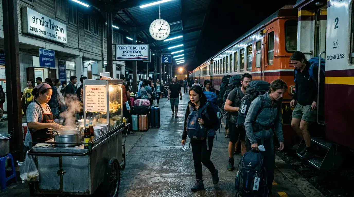 Night Train Arrival at Chumphon Station in Chumphon, Chumphon, Thailand