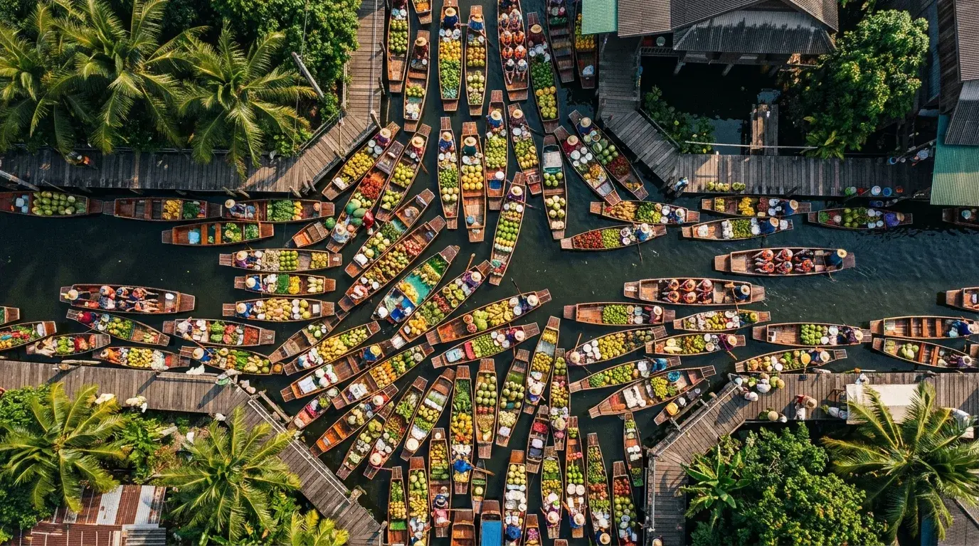 Canal Intersection from Above in Damnoen Saduak, Ratchaburi, Thailand