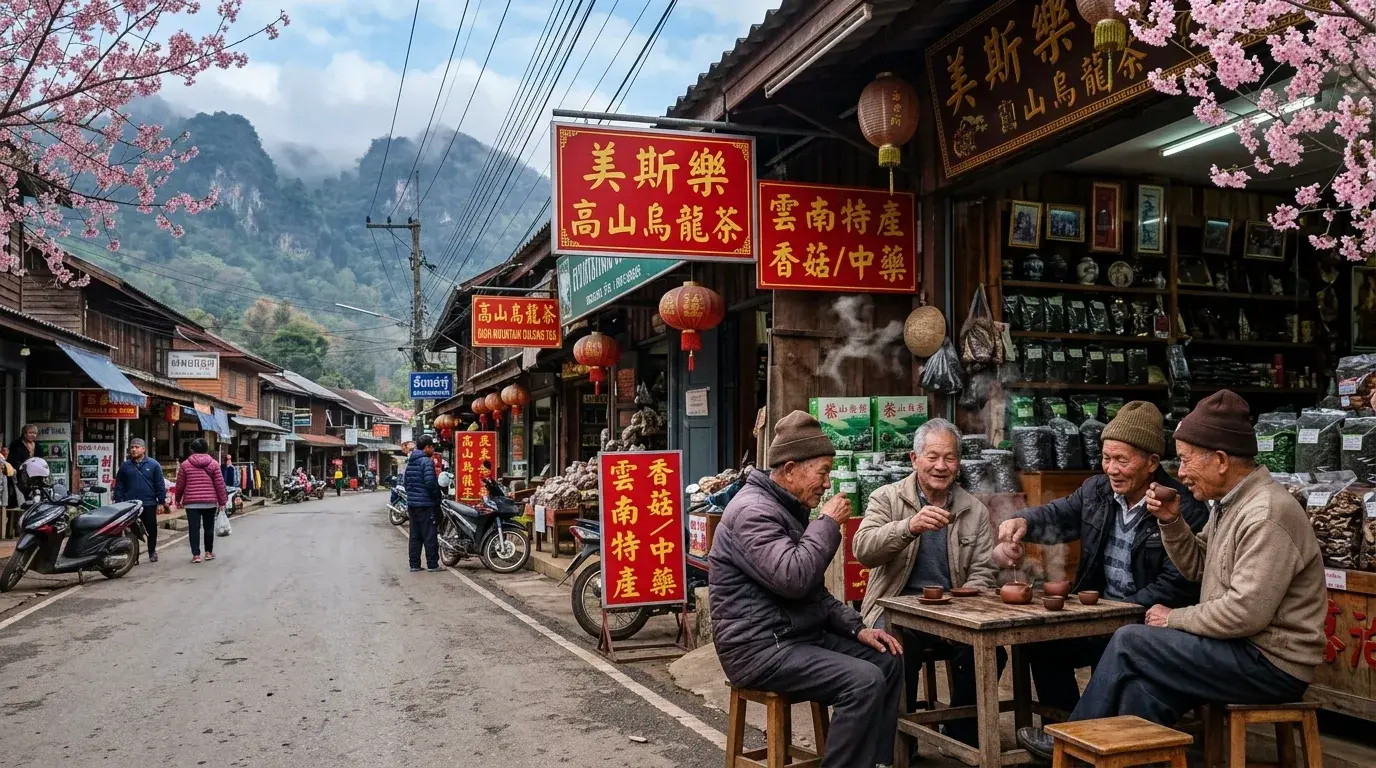 Chinese Village Street with Tea Shops in Doi Mae Salong, Chiang Rai, Thailand