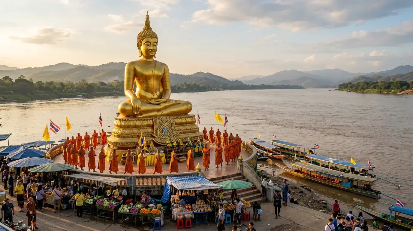 Giant Golden Buddha and River Boats at Golden Triangle, Chiang Rai, Thailand