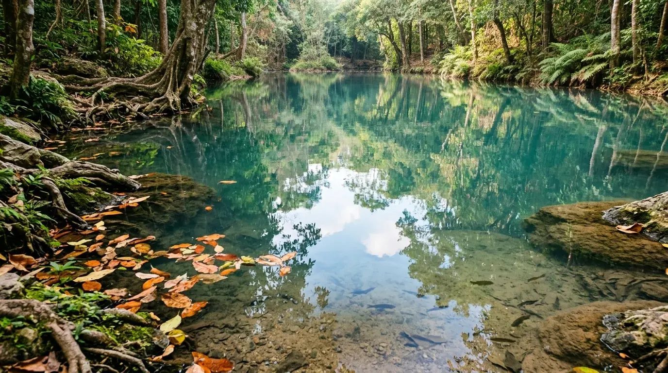 Forest Pool Reflection at Huai Mae Khamin, Kanchanaburi, Thailand