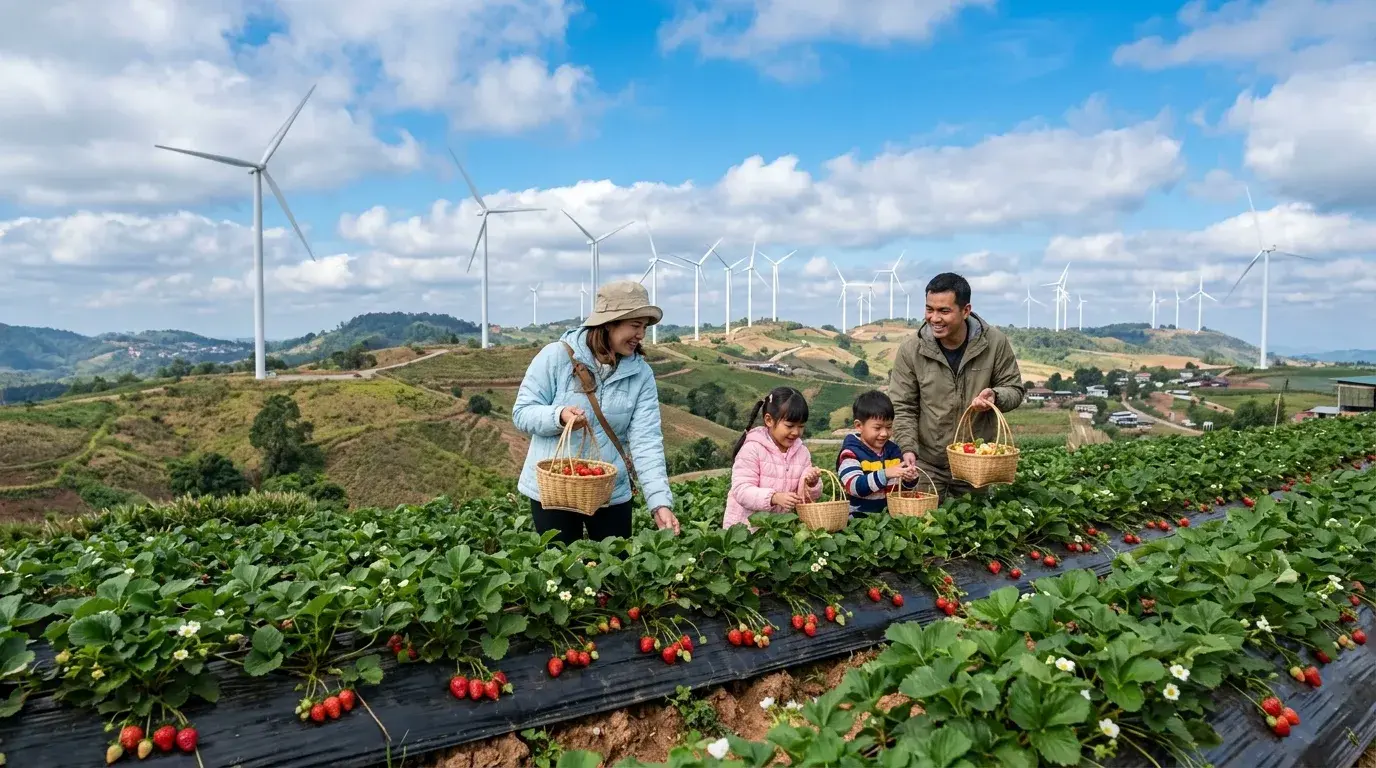 Wind Turbines and Strawberry Fields in Khao Kho, Phetchabun, Thailand