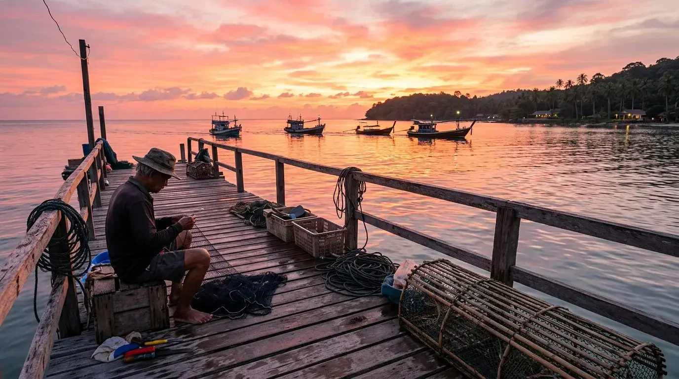 Fisherman's Pier at Sunrise in Koh Kood, Trat, Thailand