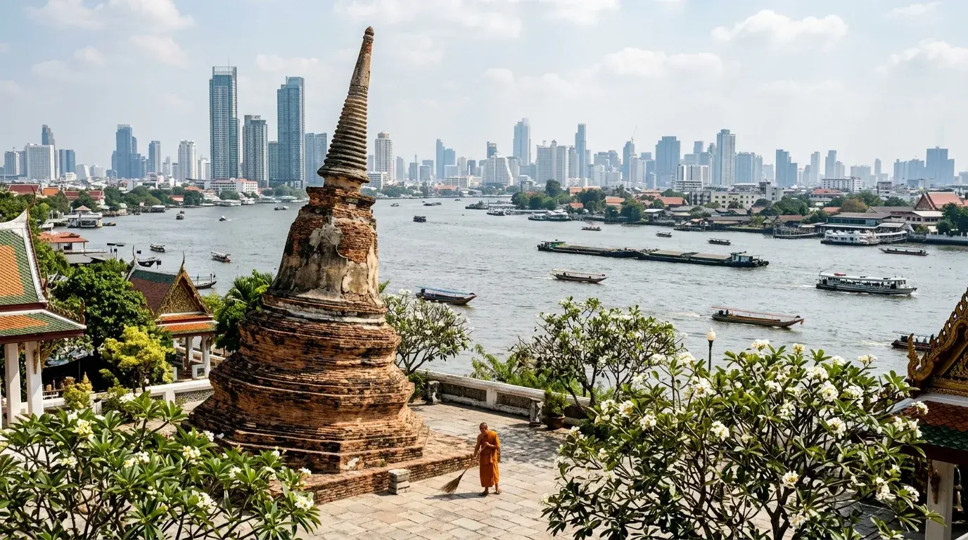 Riverside Temple with Bangkok Skyline in Koh Kret, Nonthaburi, Thailand