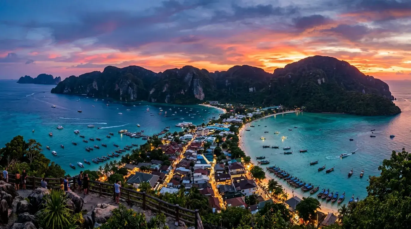 Twin Bays Viewpoint at Sunset in Koh Phi Phi, Krabi, Thailand