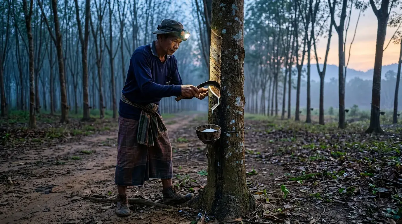 Rubber Tapper at Dawn in Koh Yao Yai, Phang Nga, Thailand