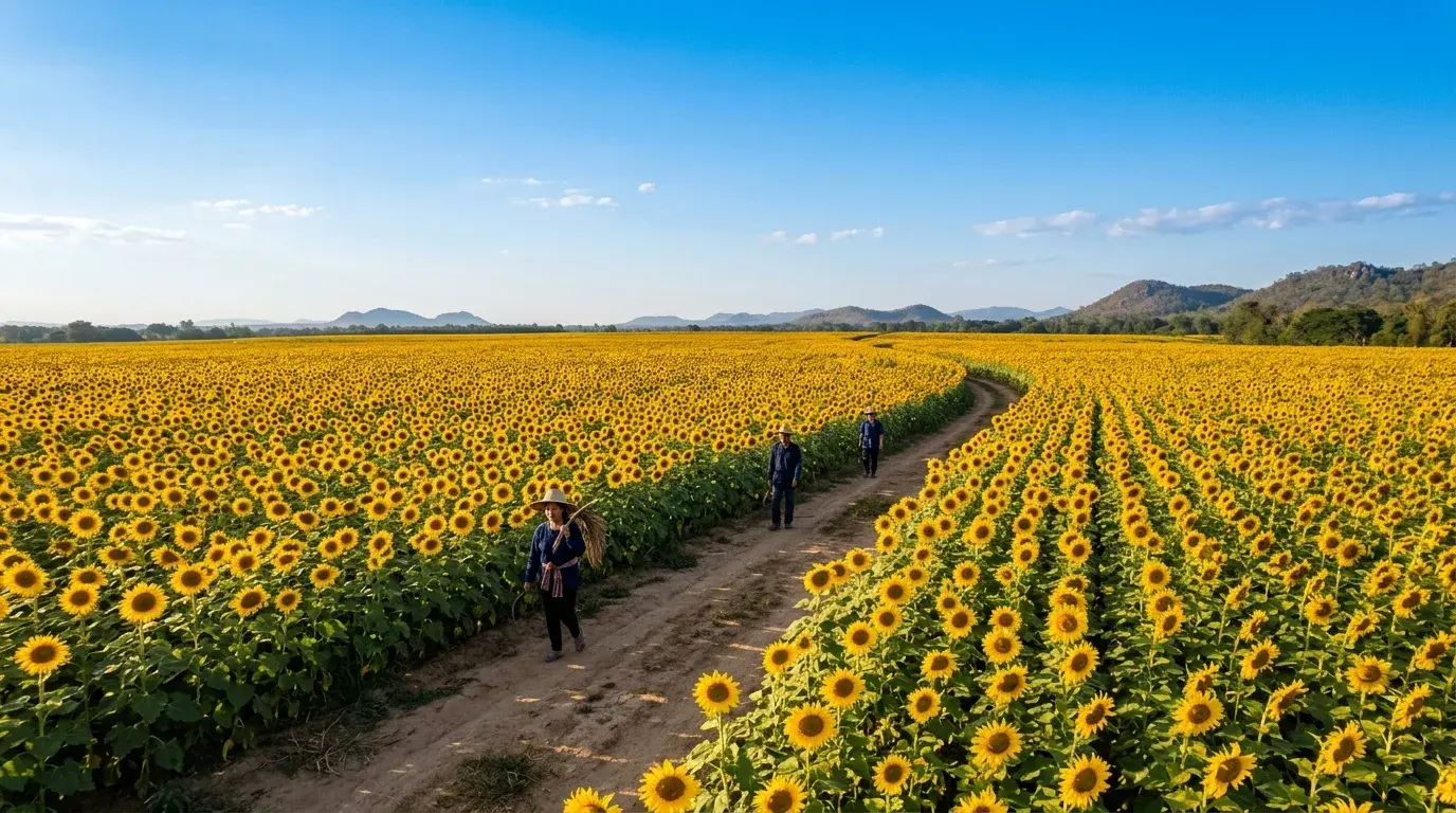 Sunflower Fields in November in Lop Buri, Lop Buri, Thailand