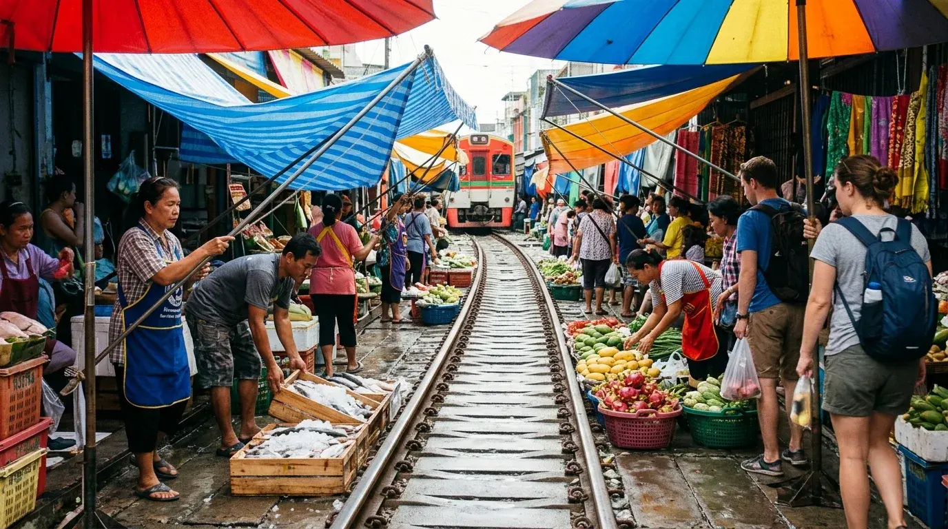 Market Vendors Reset After the Train in Mae Klong, Samut Songkhram, Thailand