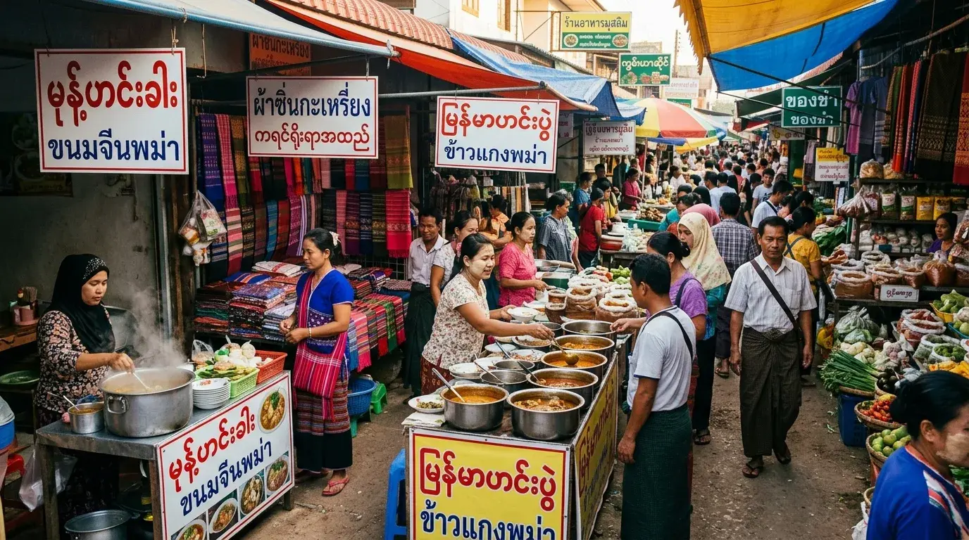 Bustling Multicultural Market in Mae Sot, Tak, Thailand