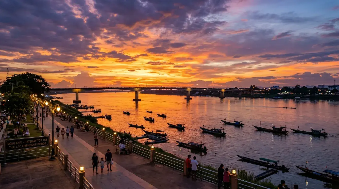 Mekong Sunset and Friendship Bridge in Nong Khai, Nong Khai, Thailand