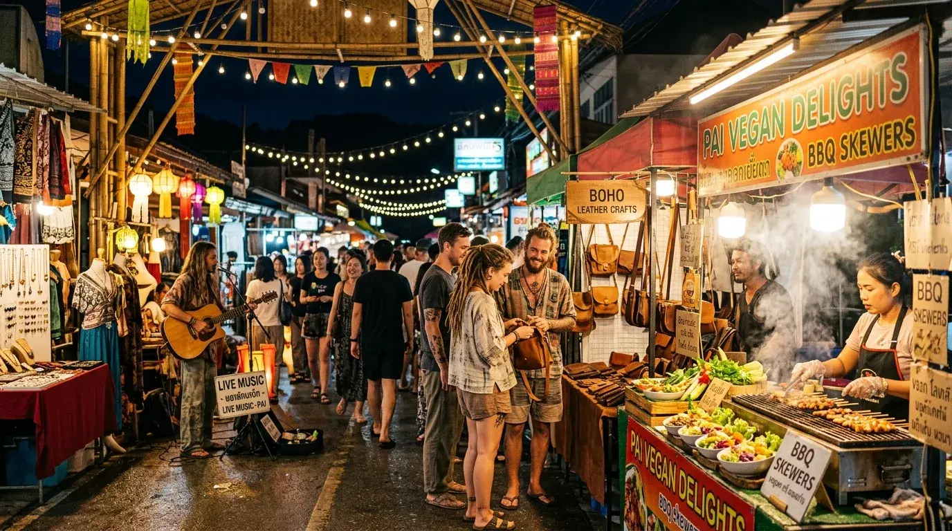Pai Walking Street at Night in Pai, Mae Hong Son, Thailand