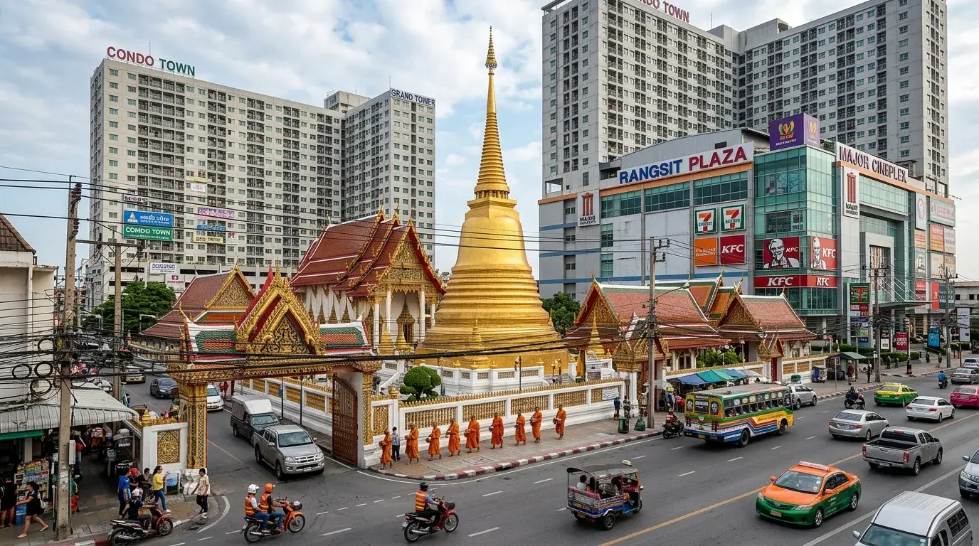 Suburban Temple Among Shopping Malls in Pathum Thani, Pathum Thani, Thailand