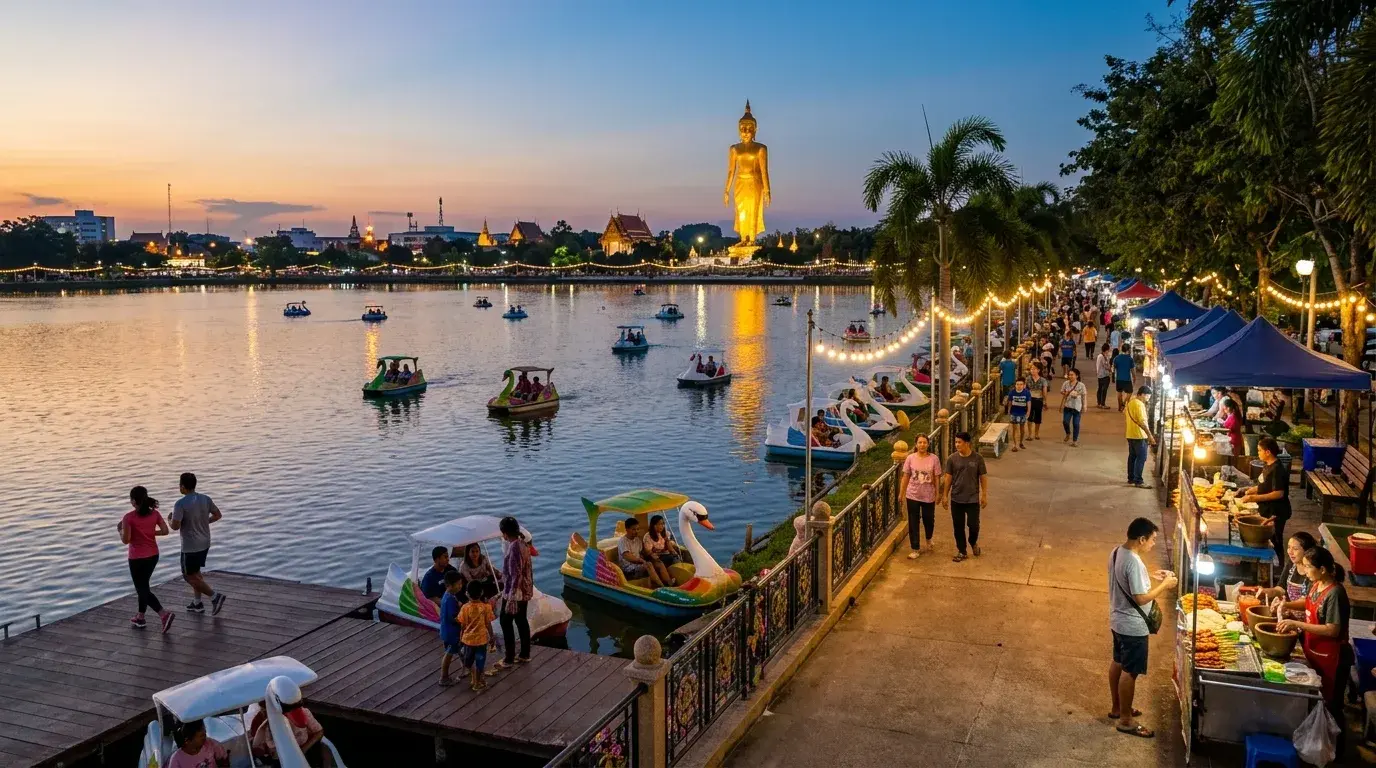Bueng Phlan Chai Lake Evening Promenade in Roi Et, Roi Et, Thailand
