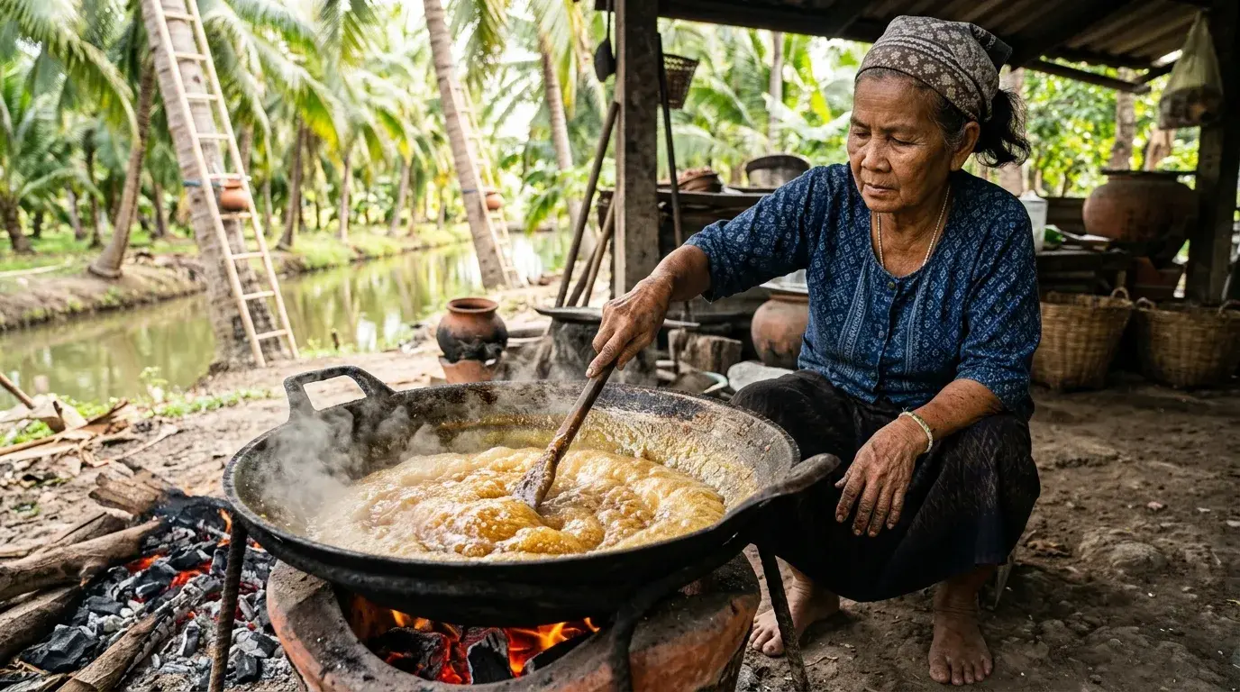 Coconut Sugar Making in the Palm Groves in Samut Songkhram, Samut Songkhram, Thailand