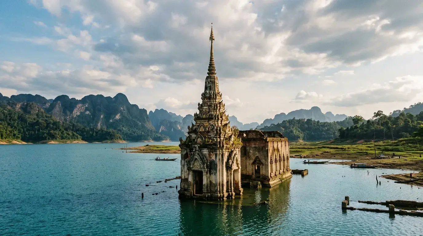 Submerged Temple Emerging from the Lake in Sangkhlaburi, Kanchanaburi, Thailand