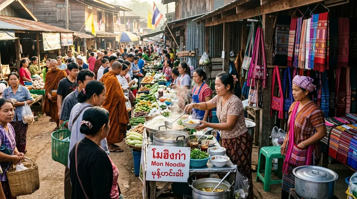 Multicultural Border Town Morning Market in Sangkhlaburi, Kanchanaburi, Thailand