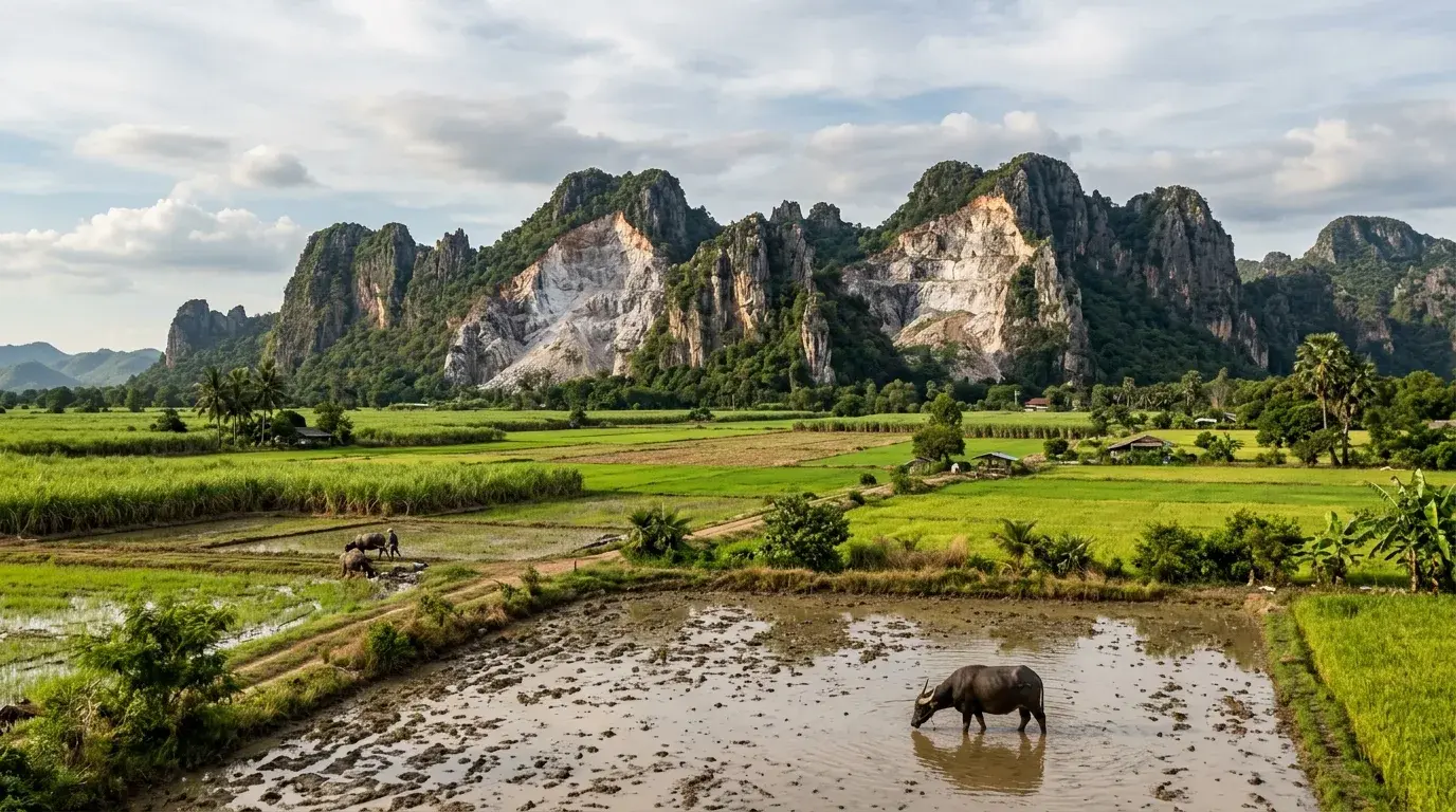 Limestone Quarries and Rural Plains in Saraburi, Saraburi, Thailand