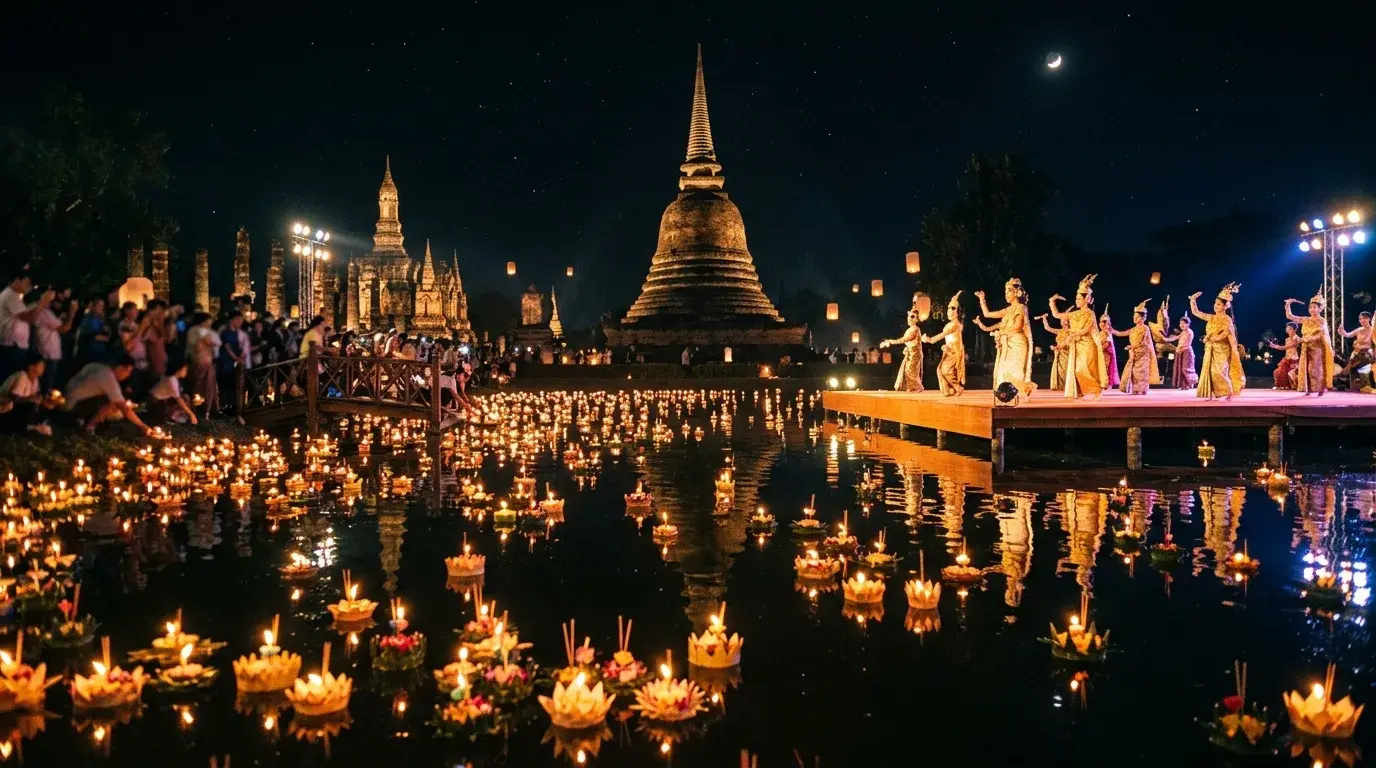 Loi Krathong Lanterns Over the Ruins in Sukhothai, Sukhothai, Thailand