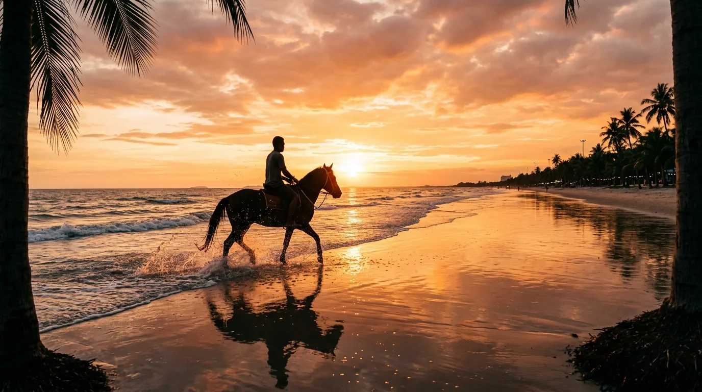 Beachfront Horseback Ride at Sunset Beachfront Horseback Ride at Sunset in Cha-Am, Phetchaburi, Thailand