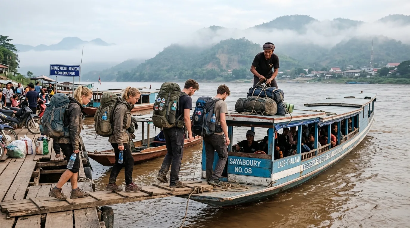 Slow Boat Loading at the Pier Slow Boat Loading at the Pier in Chiang Khong, Chiang Rai, Thailand