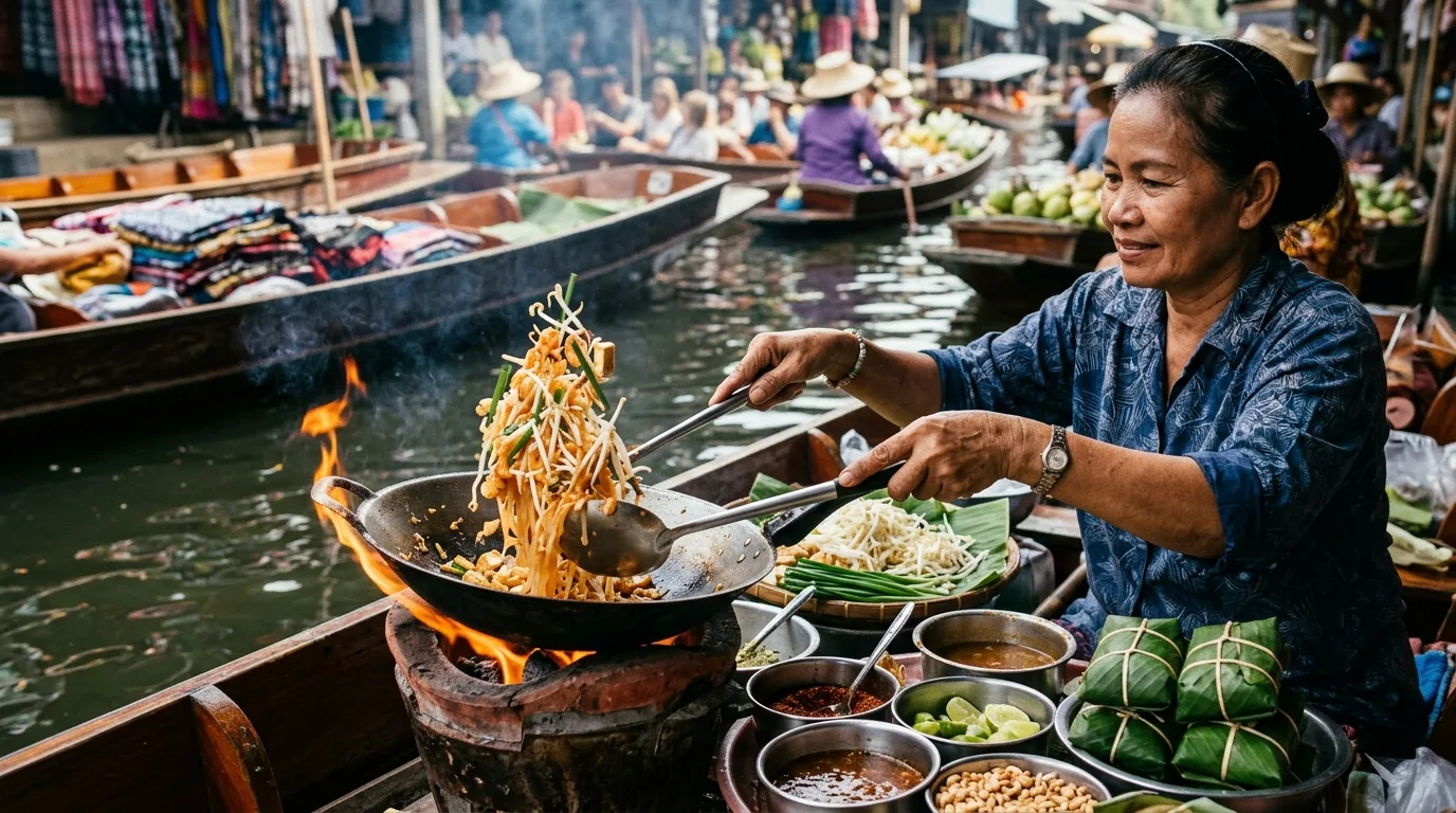 Vendor Preparing Pad Thai from Her Boat Vendor Preparing Pad Thai from Her Boat in Damnoen Saduak, Ratchaburi, Thailand