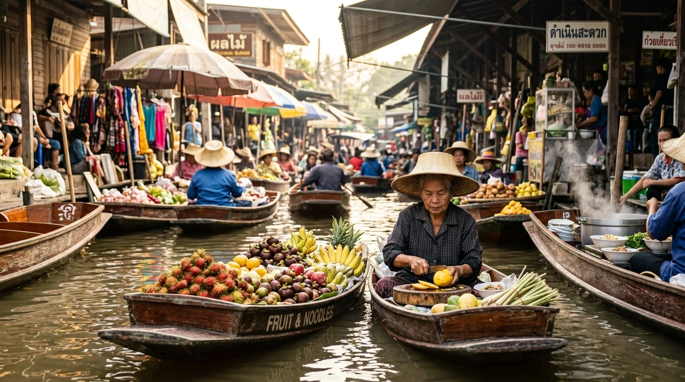 Floating Market at Morning Light — Damnoen Saduak, Ratchaburi, Thailand