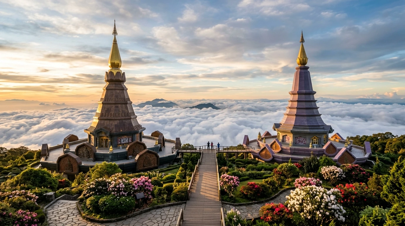 Twin Royal Pagodas Above the Clouds — Doi Inthanon, Chiang Mai, Thailand