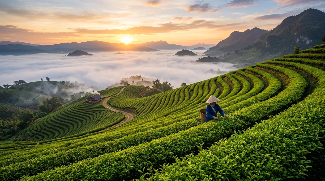 Tea Terraces in Morning Mist — Doi Mae Salong, Chiang Rai, Thailand