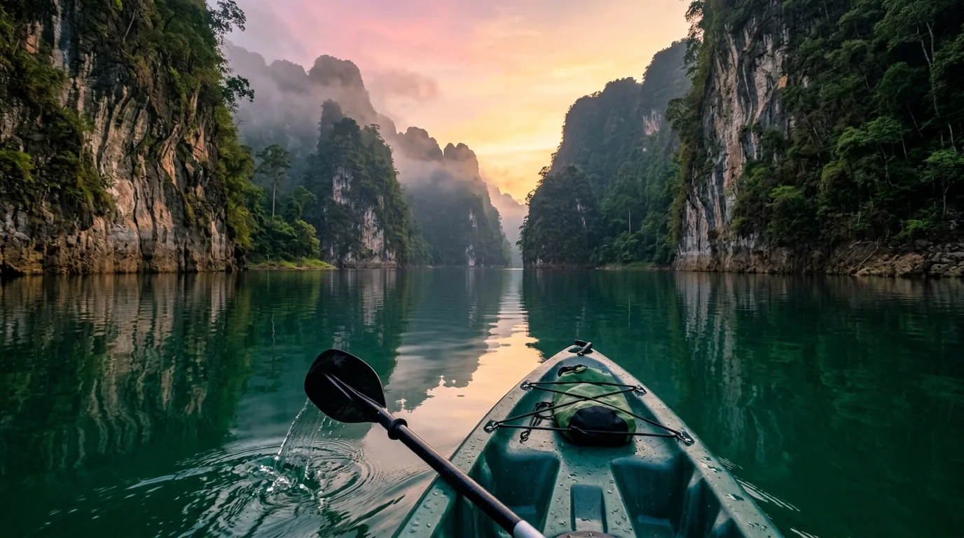 Sunrise Kayaking Among Limestone Karsts Sunrise Kayaking Among Limestone Karsts at Elephant Hills, Surat Thani, Thailand