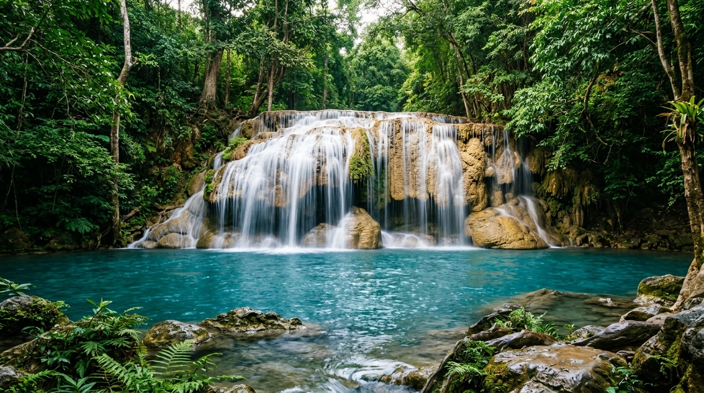 Turquoise Cascade Through Jungle — Huai Mae Khamin, Kanchanaburi, Thailand