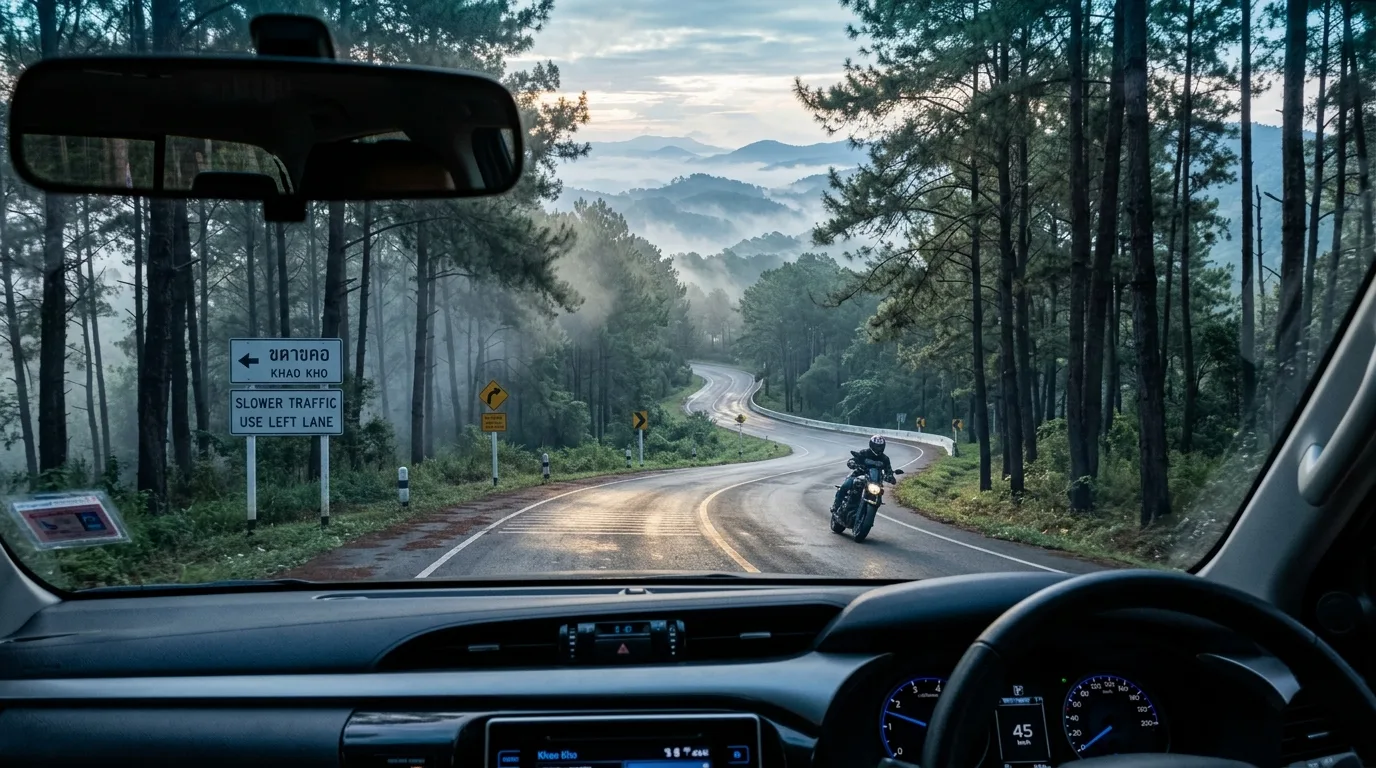 Mountain Road Through Pine Forest Mountain Road Through Pine Forest in Khao Kho, Phetchabun, Thailand