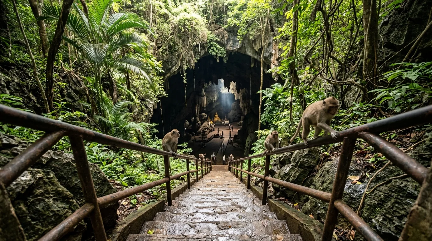 Stairway Descent into the Cave Stairway Descent into the Cave at Khao Luang Cave, Phetchaburi, Thailand