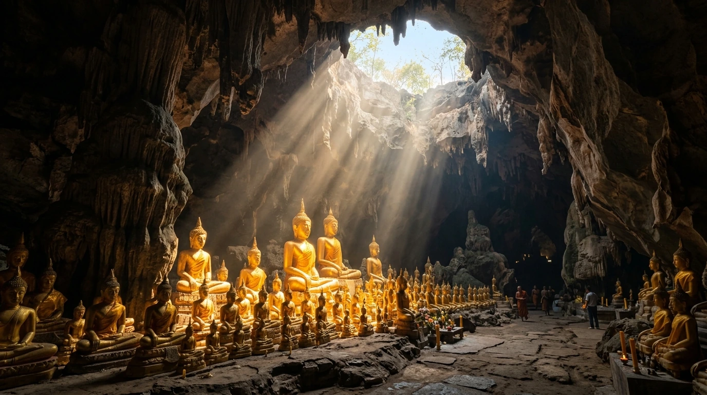 Sunbeams on Buddha Statues — Khao Luang Cave, Phetchaburi, Thailand
