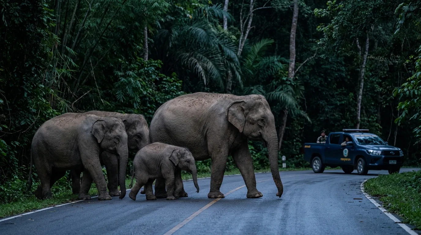 Wild Elephants Crossing a Forest Road Wild Elephants Crossing a Forest Road at Khao Yai, Nakhon Ratchasima, Thailand