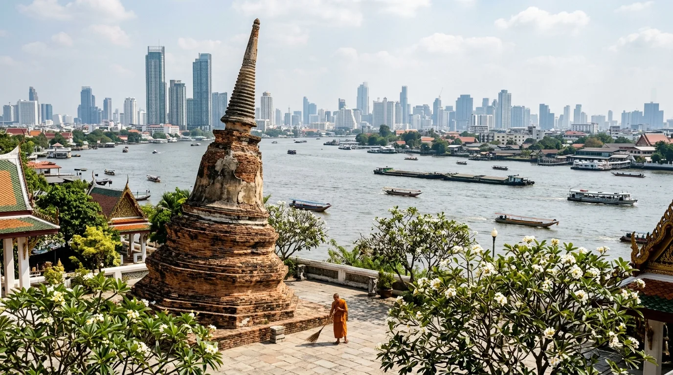 Riverside Temple with Bangkok Skyline Riverside Temple with Bangkok Skyline in Koh Kret, Nonthaburi, Thailand