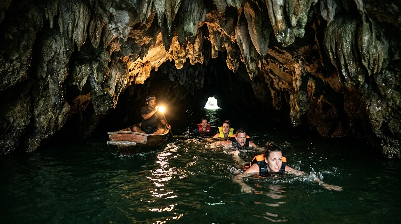 Swimming Through the Dark Cave Swimming Through the Dark Cave in Koh Muk, Trang, Thailand