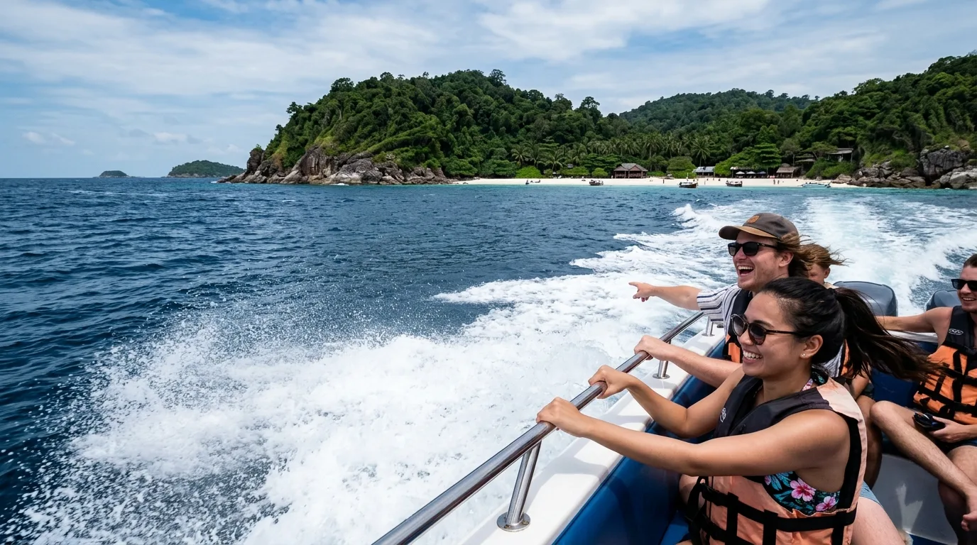 Speedboat Approach to the Island Speedboat Approach to the Island in Koh Racha, Phuket, Thailand