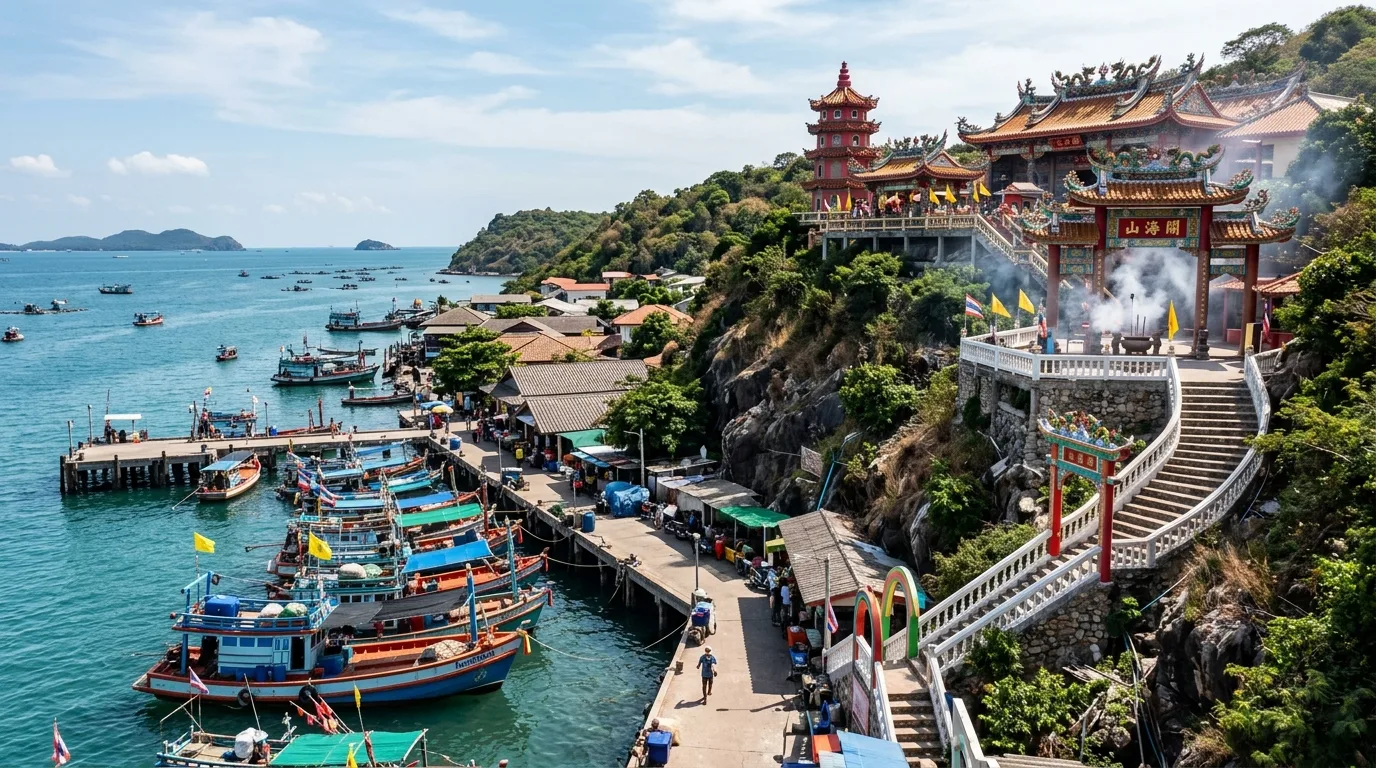 Chinese Temple and Fishing Boats Chinese Temple and Fishing Boats in Koh Si Chang, Chonburi, Thailand