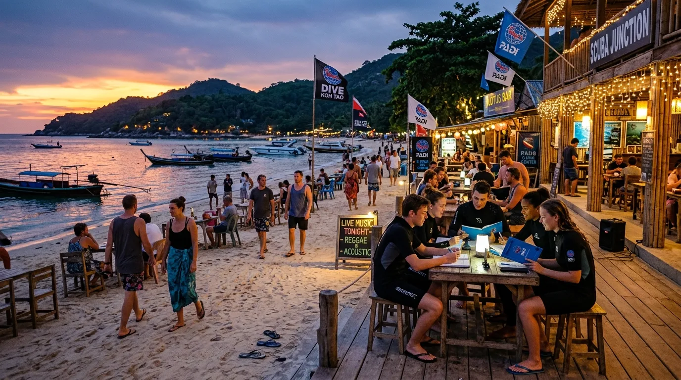 Dive School Evening on Sairee Beach Dive School Evening on Sairee Beach in Koh Tao, Surat Thani, Thailand