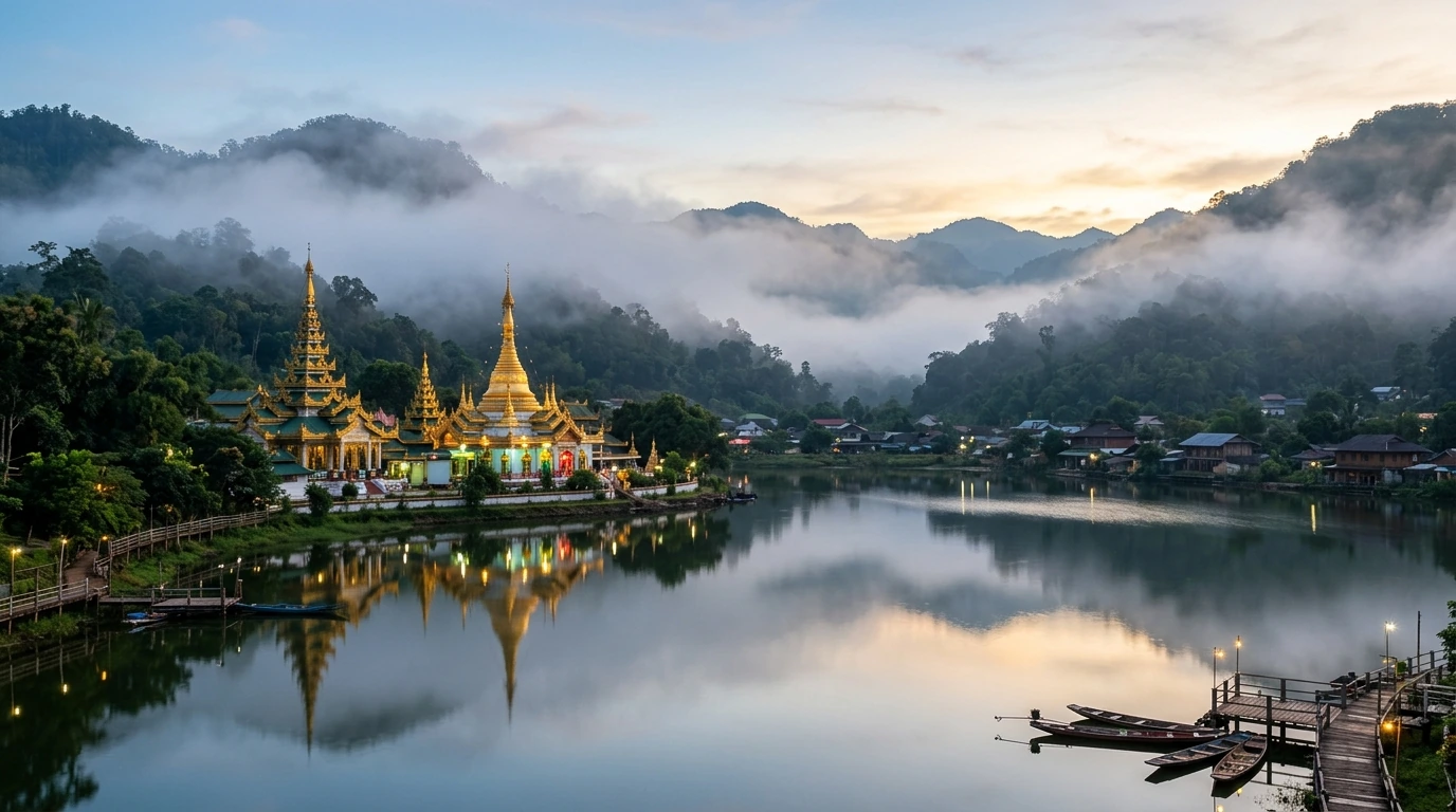 Misty Valley and Burmese-Style Temples — Mae Hong Son, Mae Hong Son, Thailand