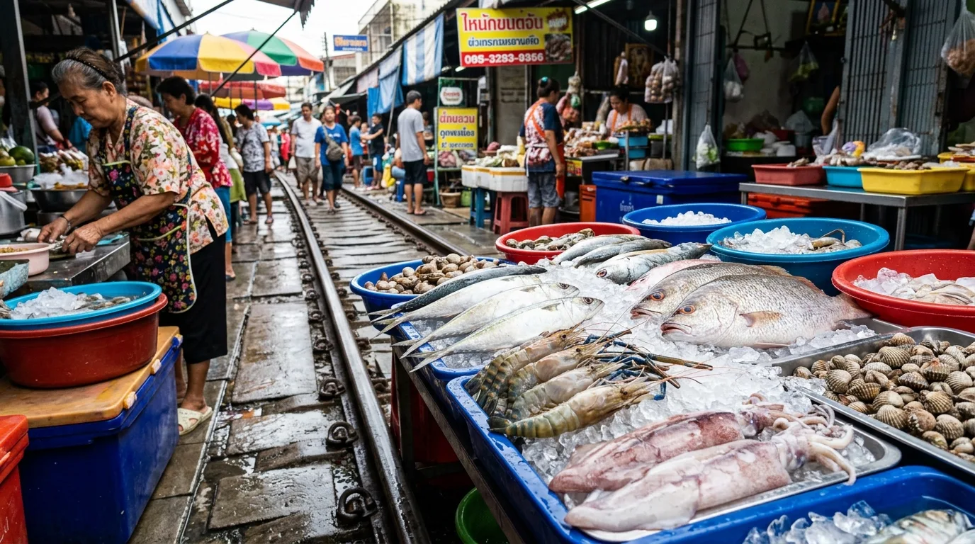Fresh Seafood Along the Tracks Fresh Seafood Along the Tracks in Mae Klong, Samut Songkhram, Thailand