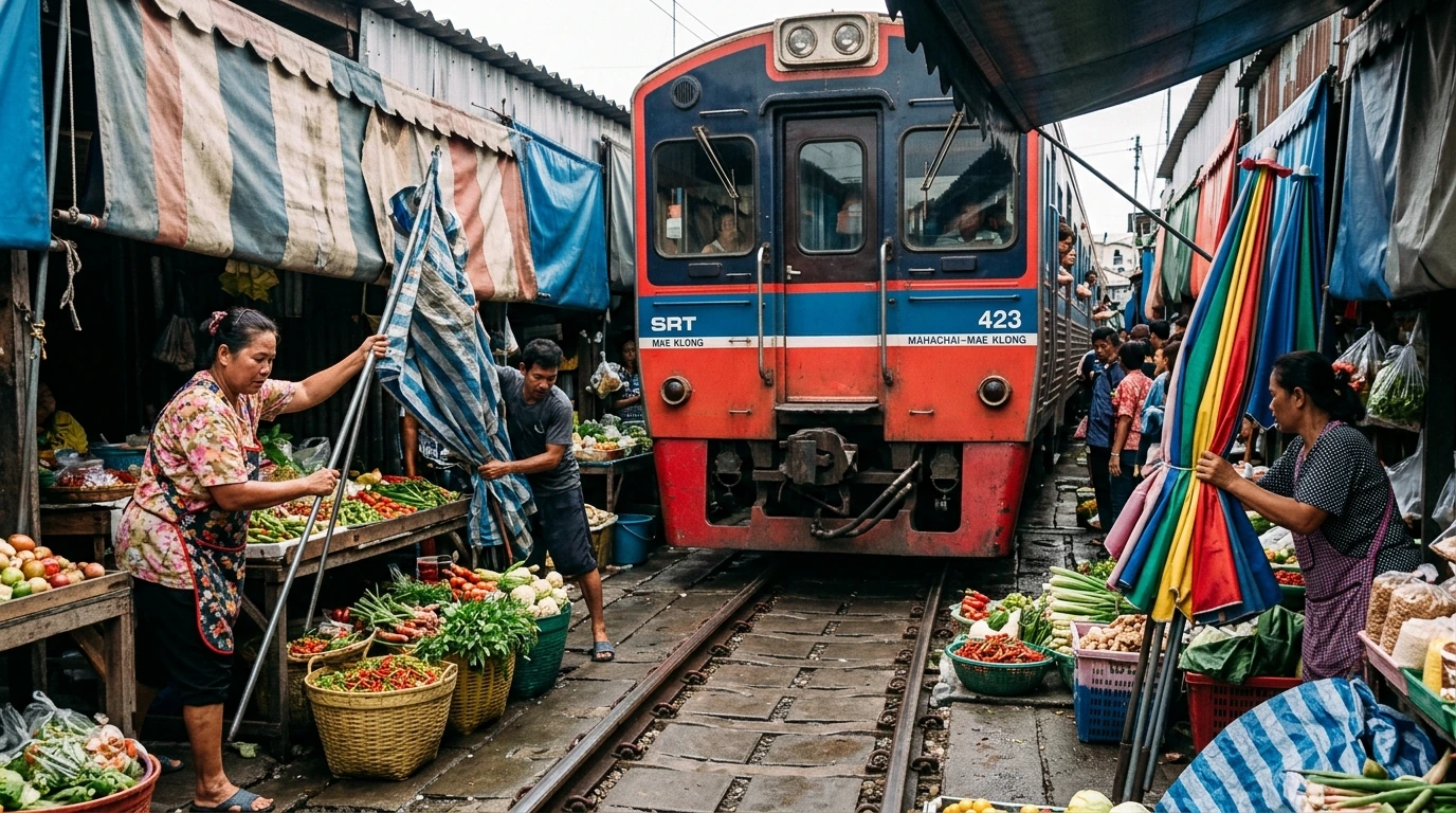 Train Passing Through the Railway Market — Mae Klong, Samut Songkhram, Thailand