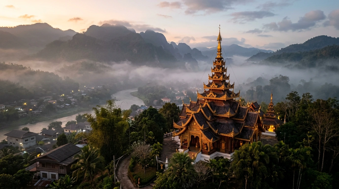 Burmese-Style Temples at Dawn — Mae Sariang, Mae Hong Son, Thailand