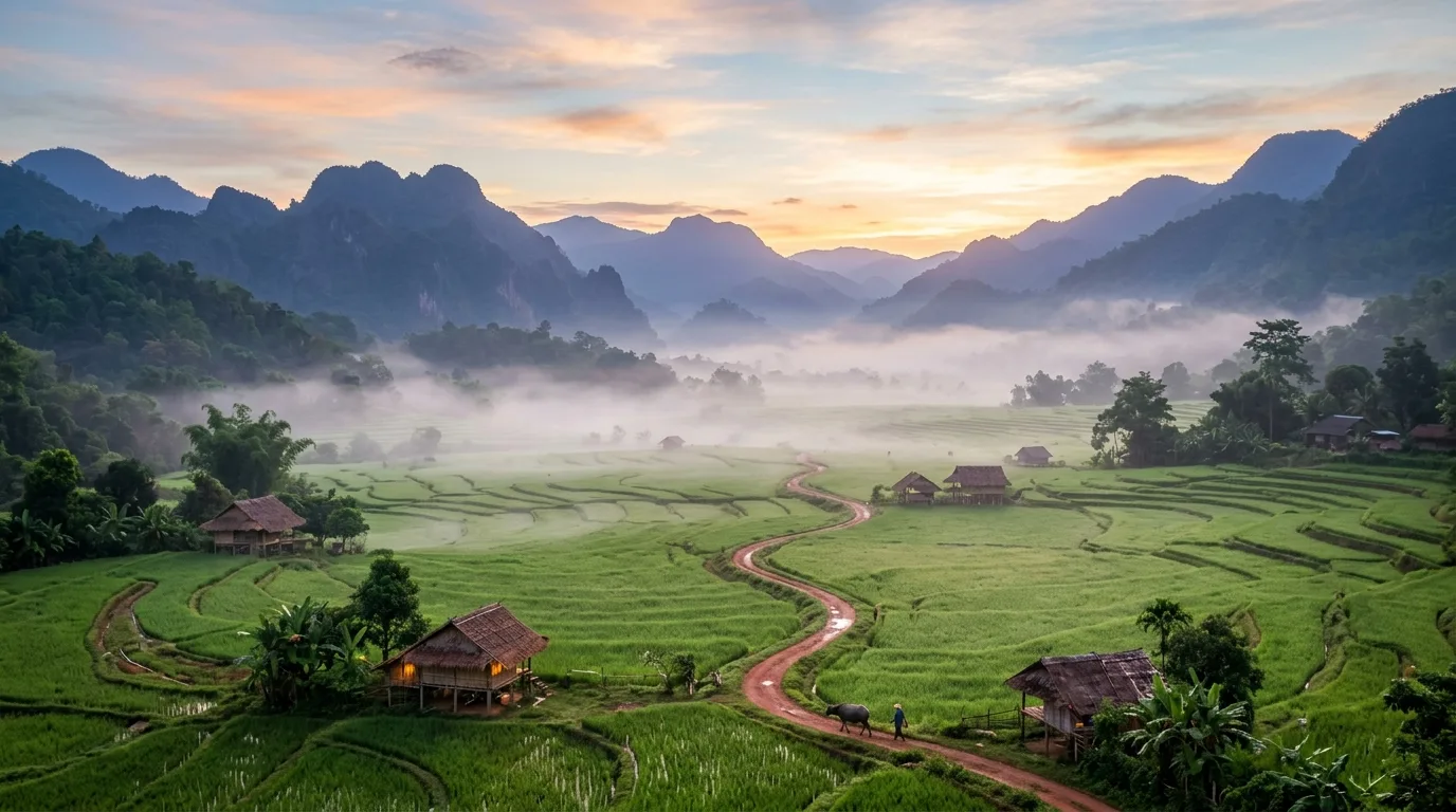 Misty Pai Valley Rice Fields Morning Misty Pai Valley Rice Fields Morning in Pai, Mae Hong Son, Thailand
