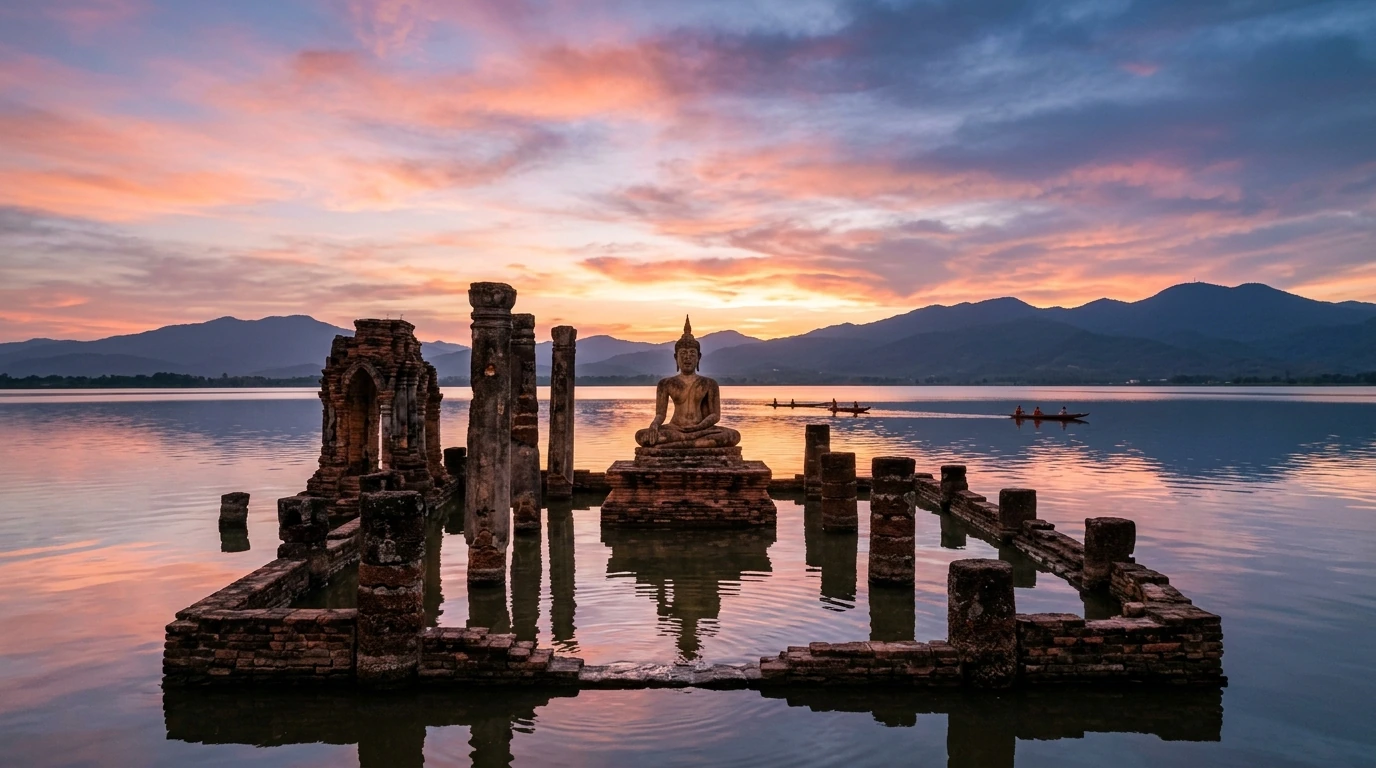 Kwan Phayao Lake with Submerged Temple — Phayao, Phayao, Thailand